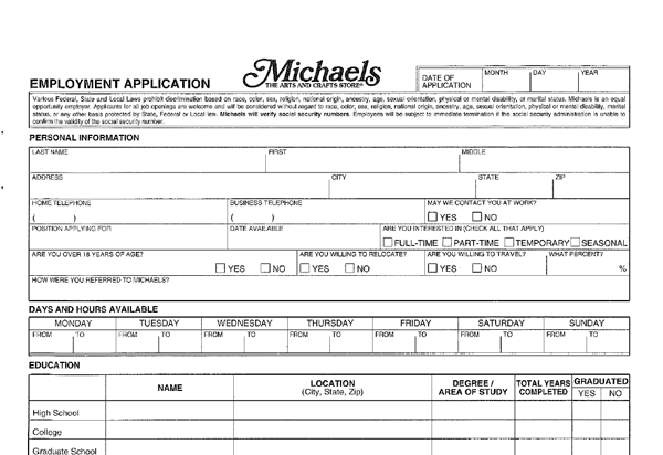 Michaels Application Pdf Print Out